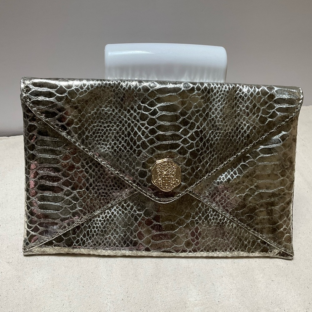 Vince Camuto Leather Snakeskin Clutch Envelope Clutch Metallic Silver Black Gold
